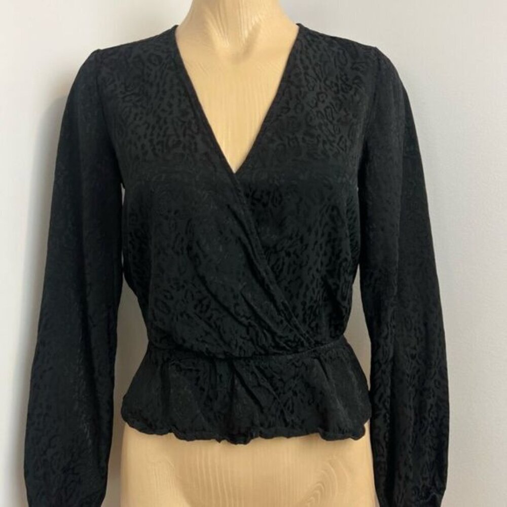 Buffalo David Bitton Womens S Black Animal V Neck Long Sleeve Blouse Top Blouse